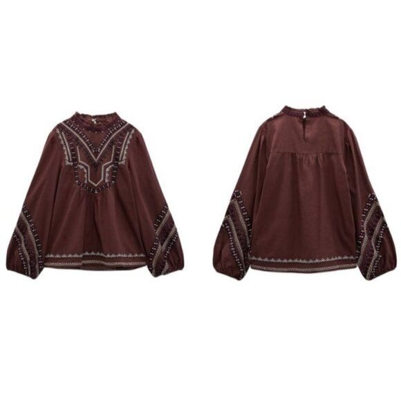 ZARA EMBROIDERED BLOUSE MAROON | 5107/251 - Picture 1 of 5